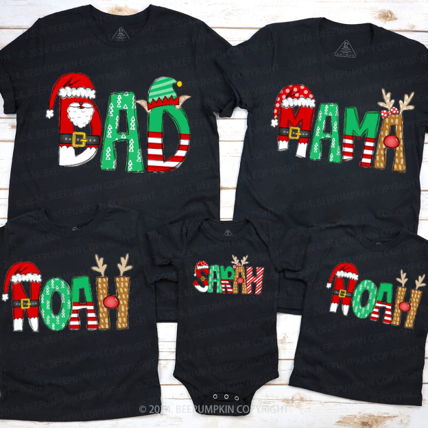 Personalized Cartoon Font Santa Family Matching T-Shirts Beepumpkin
