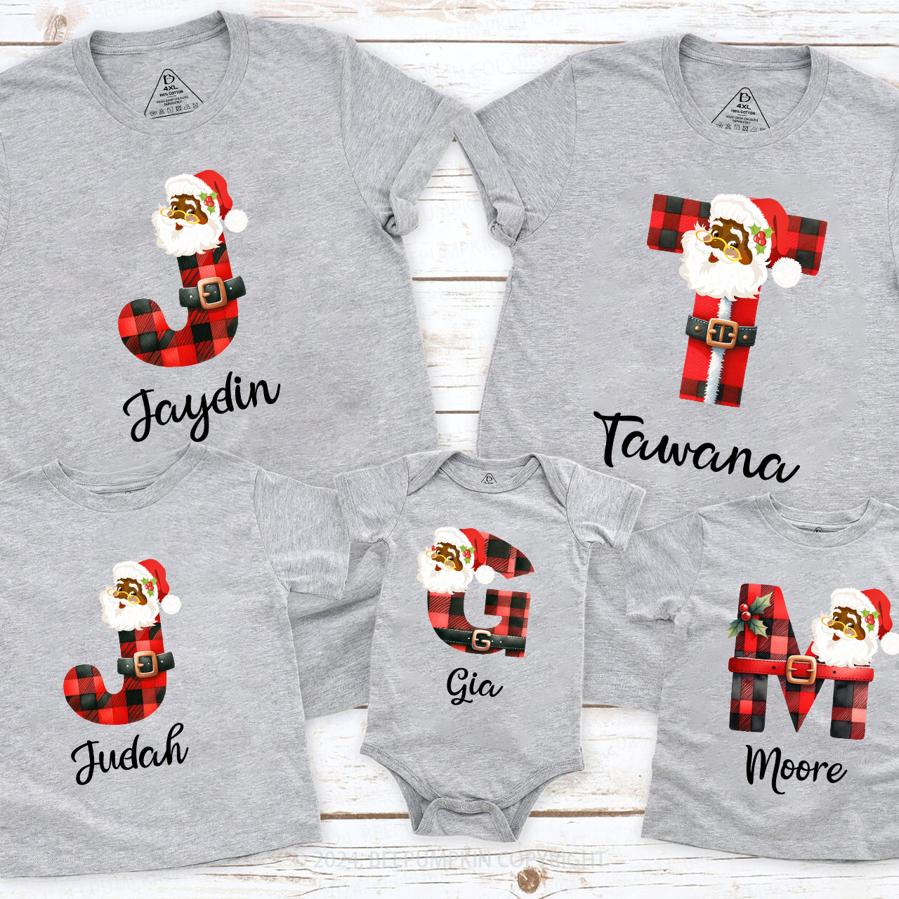 Personalized Santa Plaid Letter Christmas Matching T-Shirts Beepumpkin