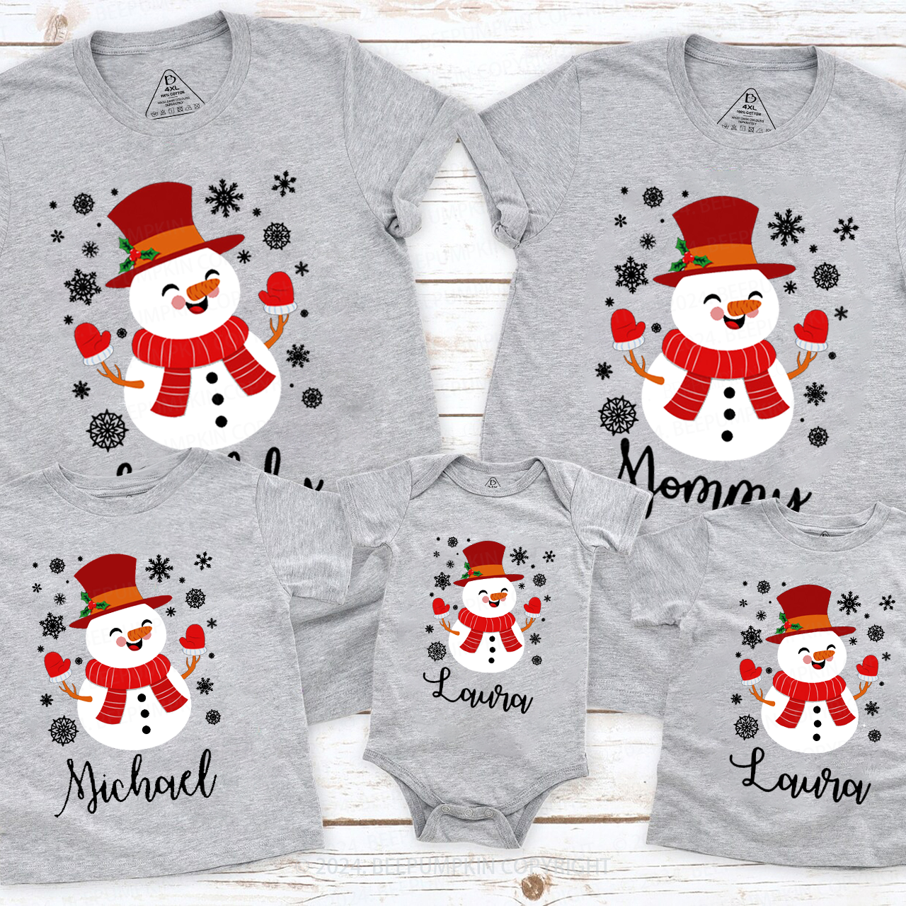 Personalized Happy Snowman Christmas Family Matching T-Shirts Beepumpkin