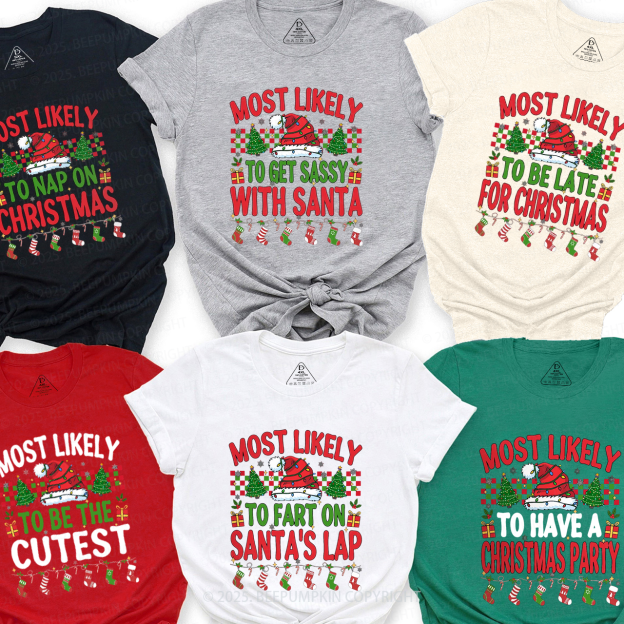 Personalized Most Likely To 7 Quotes Christmas Family Matching T-Shirts Beepumpkin