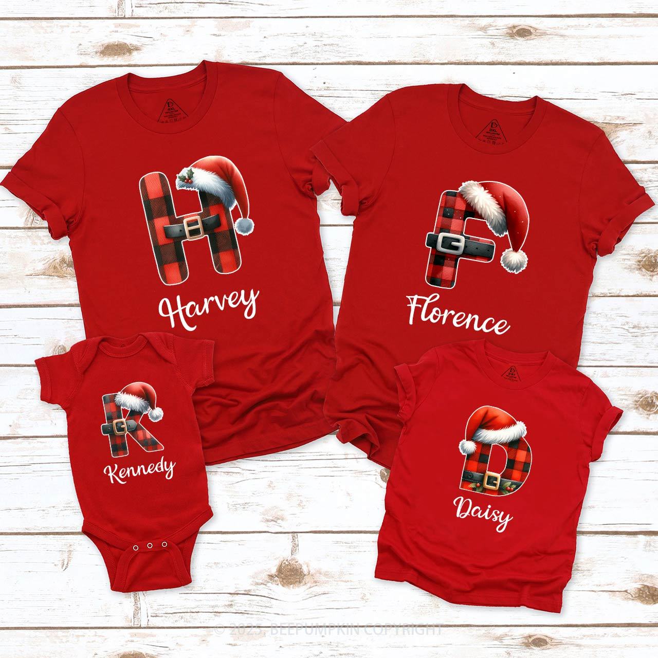 Personalized Reindeer Santa Claus Christmas Plaid Letters T-Shirts Beepumpkin