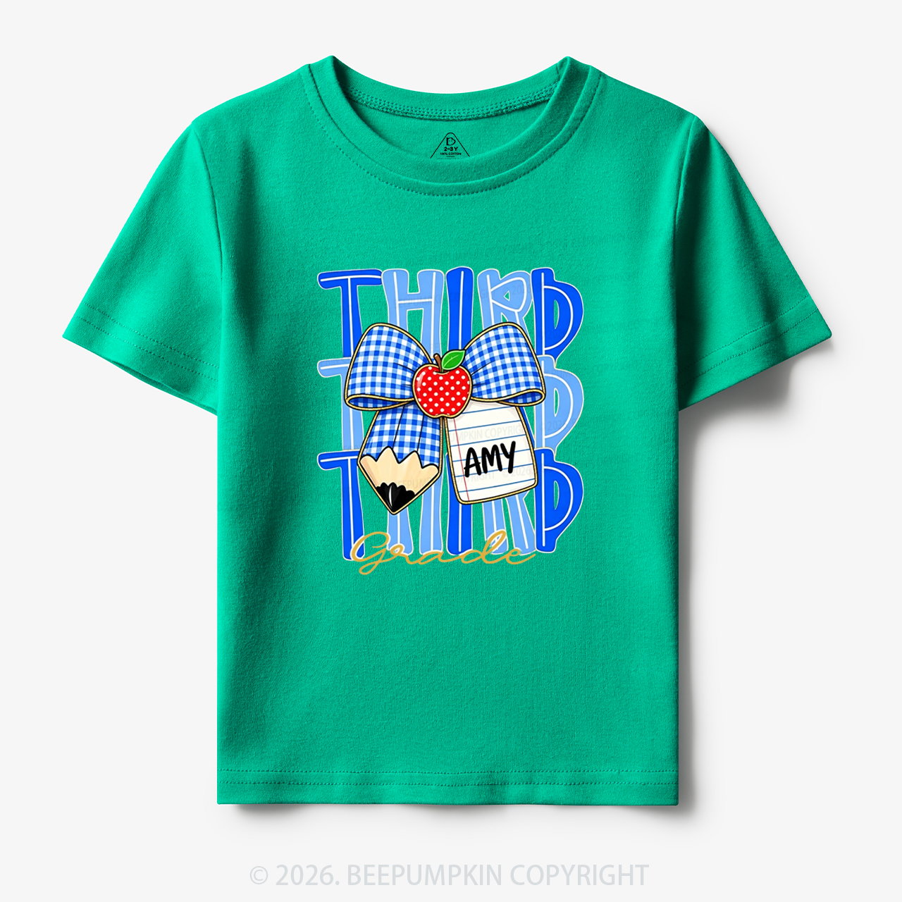 Personalized Blue Gingham Pencil Bow Toddler&Kid's Tees