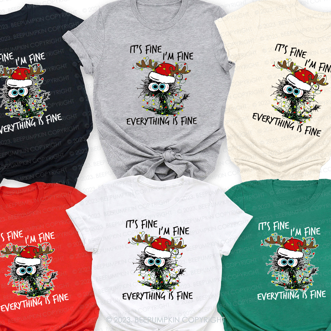Christmas Cat Lover Everything is Fine Matching Tees Beepumpkin