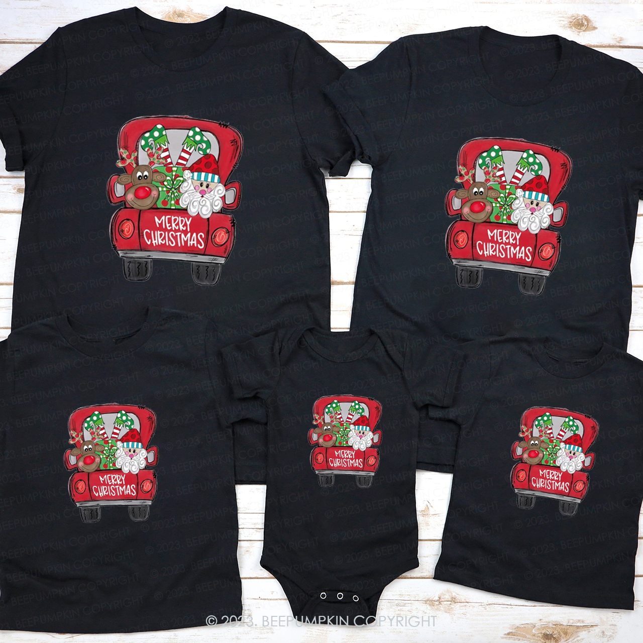 Santa Claus and Elk in Christmas Truck Matching Shirt