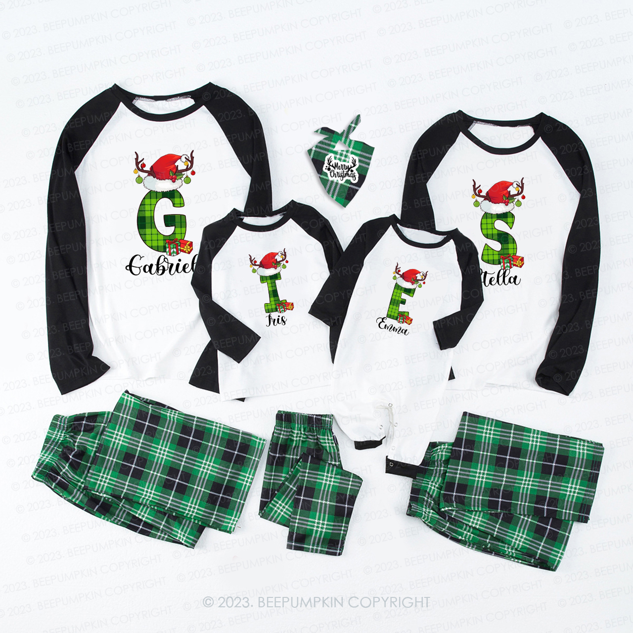 Mysterious Green Monogrammed Family Christmas 2023 Pajamas