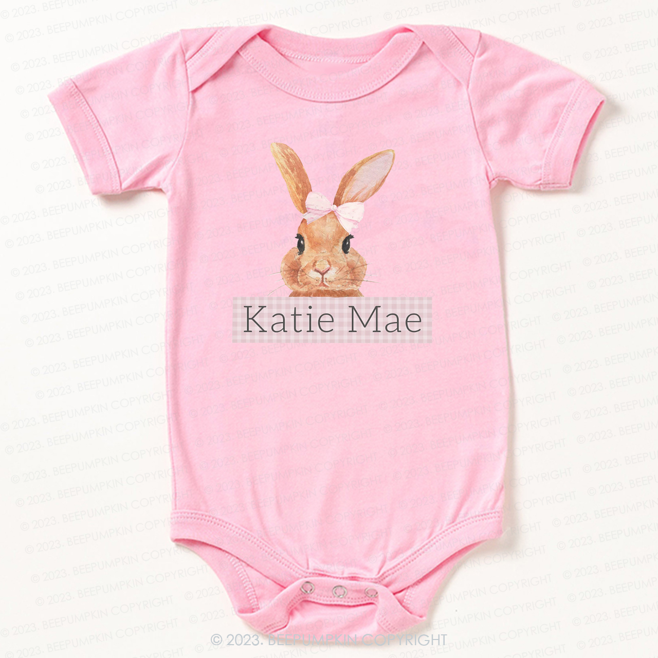 Pink Bunny Gingham Name Bodysuit For Baby