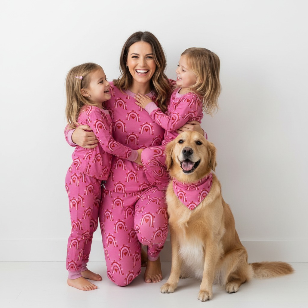 Hot Pink Rainbow Love All-Over Print Mom&Me Cuffed Pajama Sets