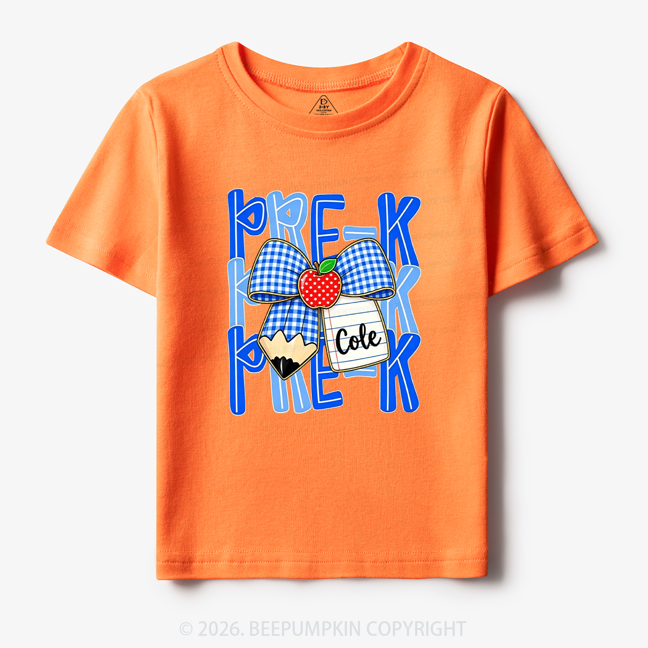 Personalized Blue Gingham Pencil Bow Toddler&Kid's Tees