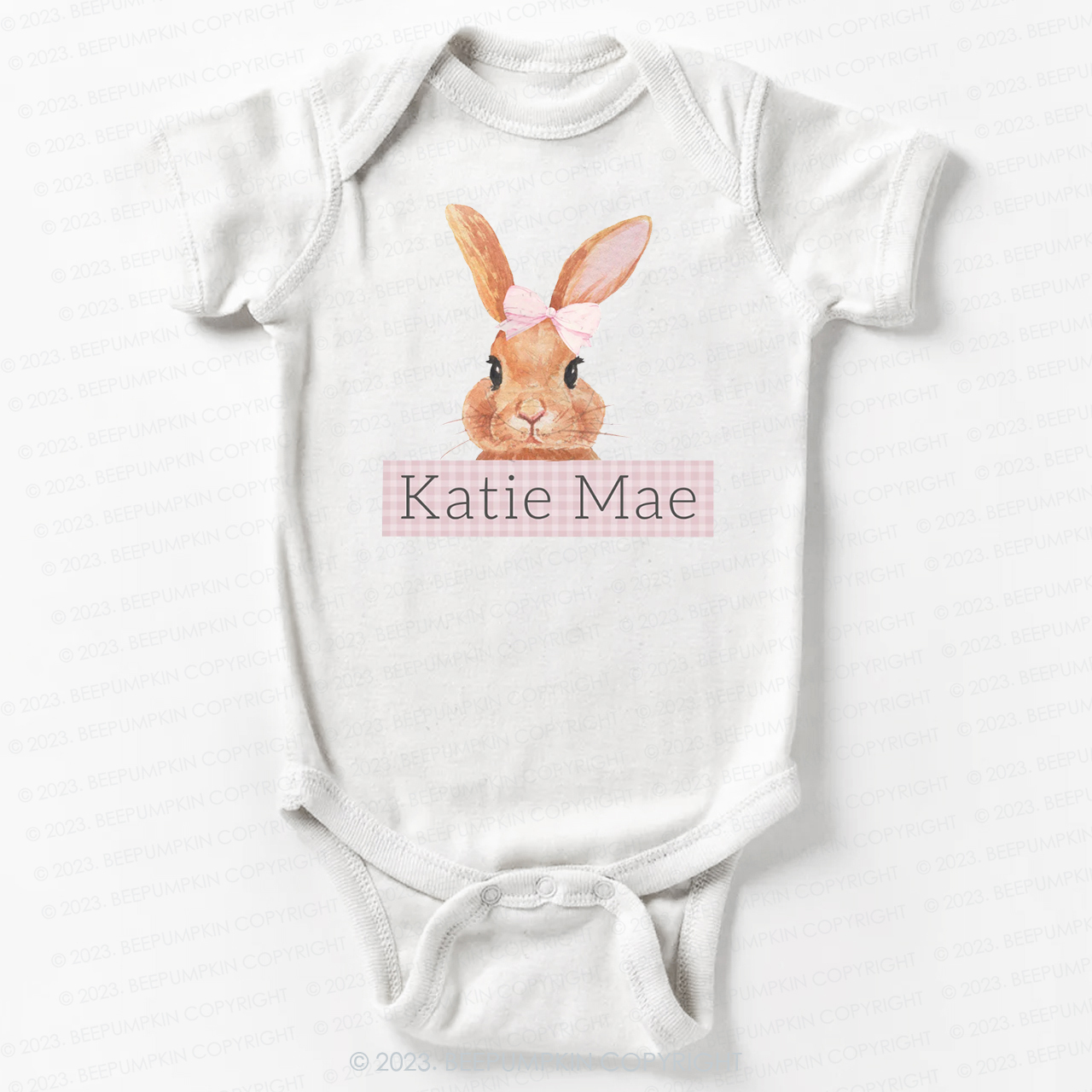 Pink Bunny Gingham Name Bodysuit For Baby