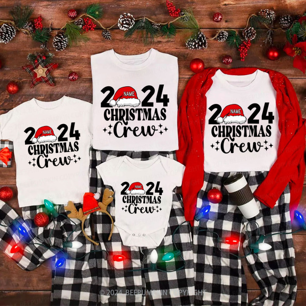 Personalized Christmas Crew 2024 Name On Santa Hat Shirts