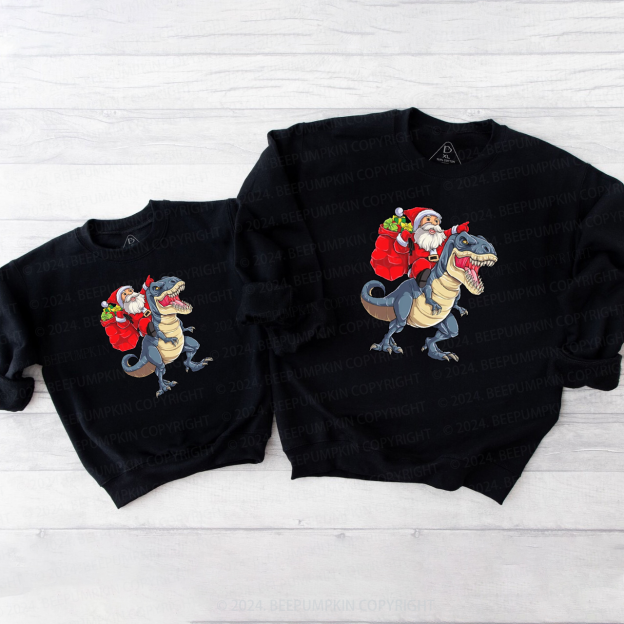 Santa Riding Dinosaur Family Christmas Sweatshirt