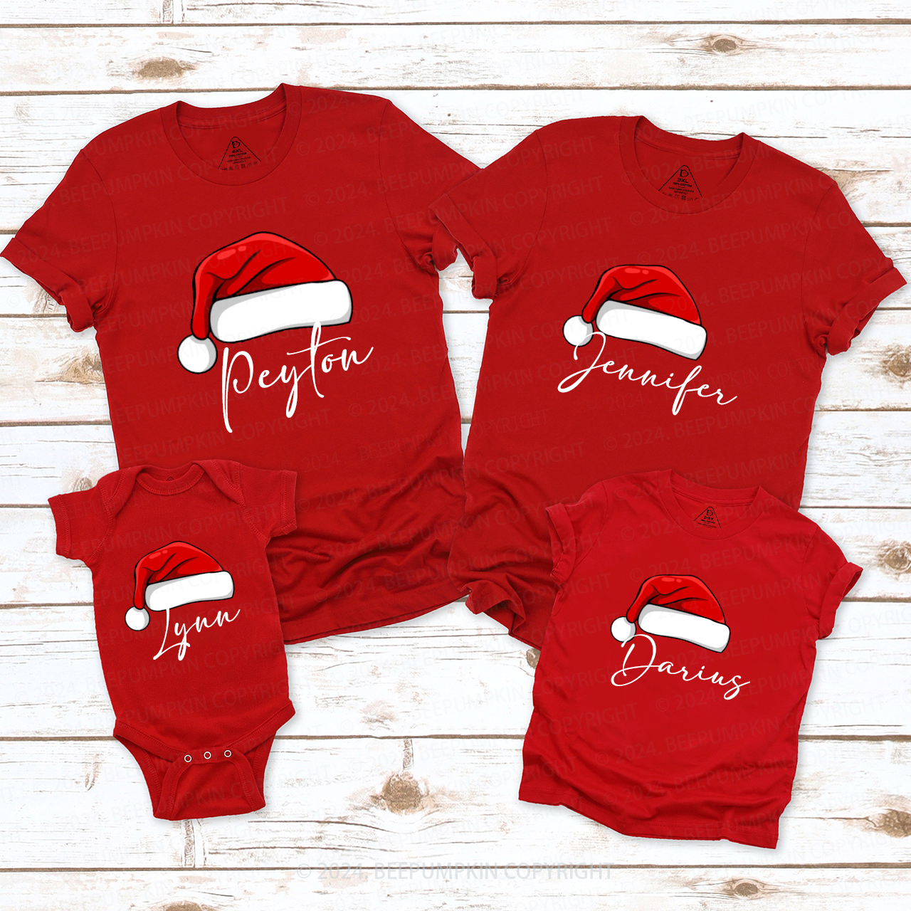 Personalized Name Cute Santa Red Hat Family Matching T-Shirts