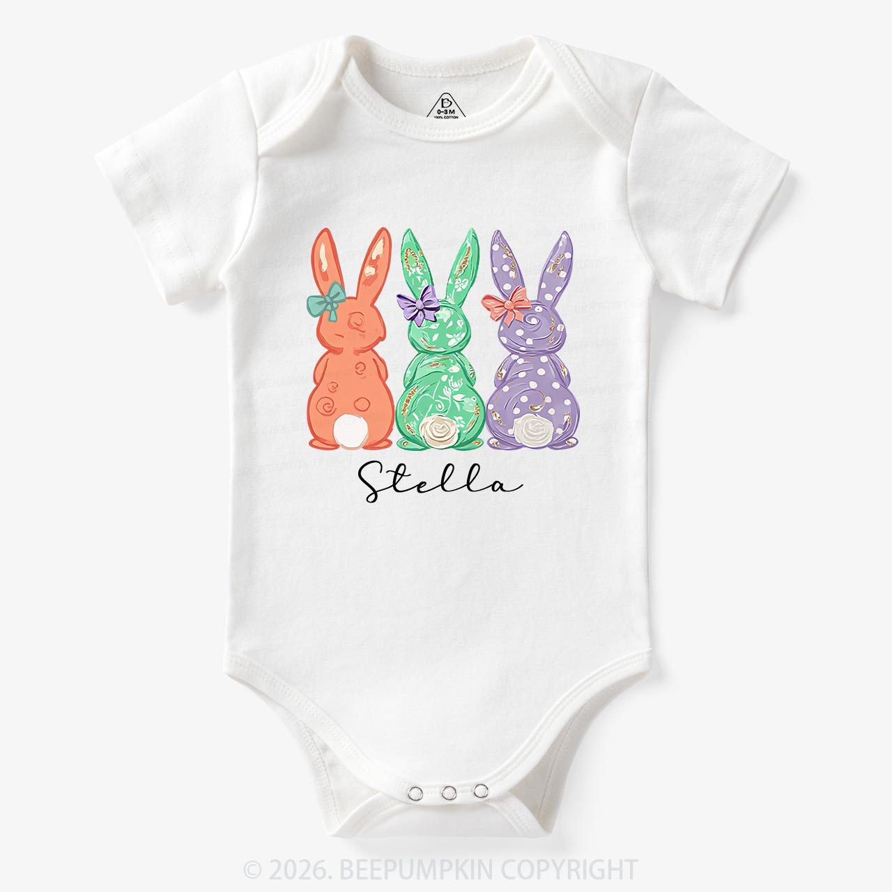 Personalized Three Colorful Bunnies Easter Baby Bodysuit