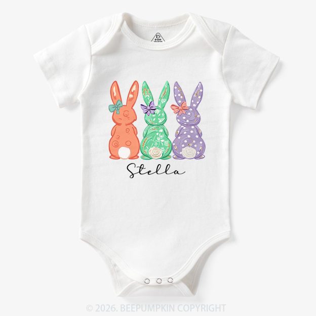 Personalized Three Colorful Bunnies Easter Baby Bodysuit