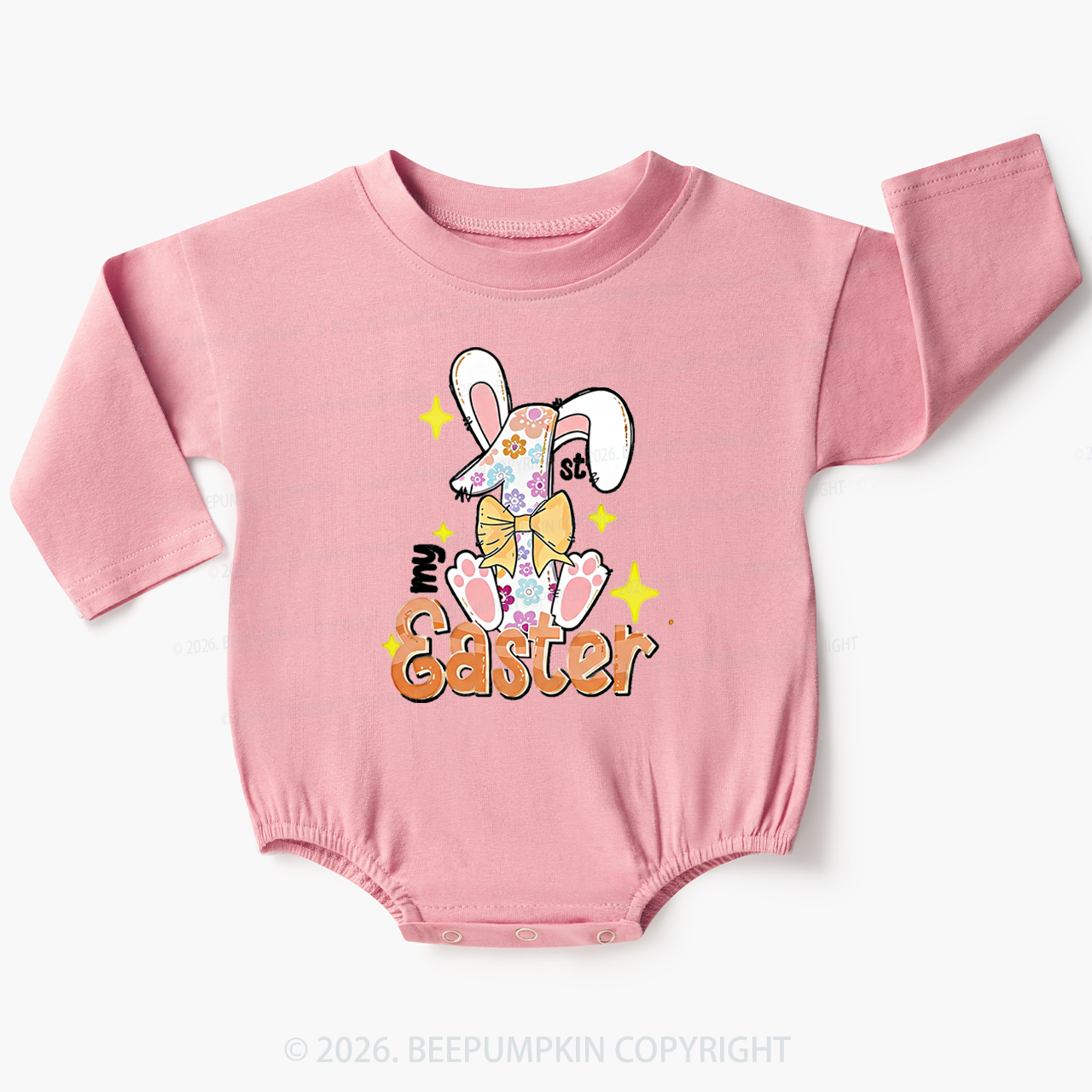 Yellow Bow Floral Bunny 1st Easter Baby Bubble Romper