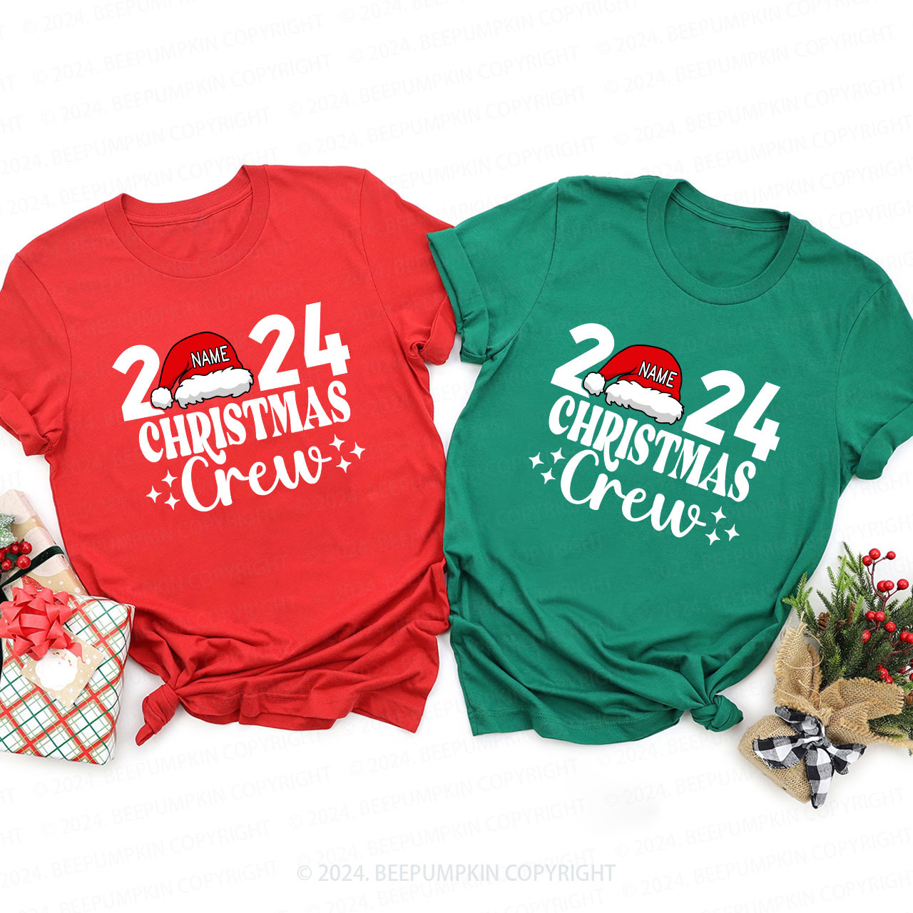 Personalized Christmas Crew 2024 Name On Santa Hat Shirts