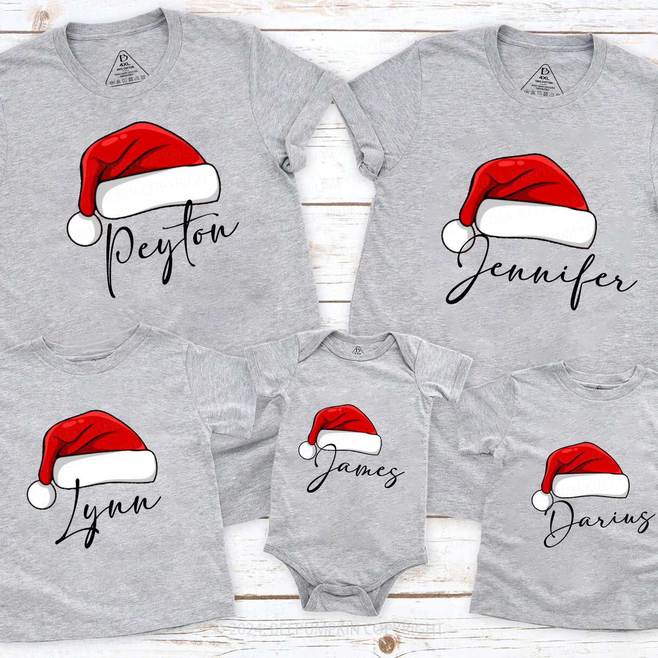 Personalized Name Cute Santa Red Hat Family Matching T-Shirts