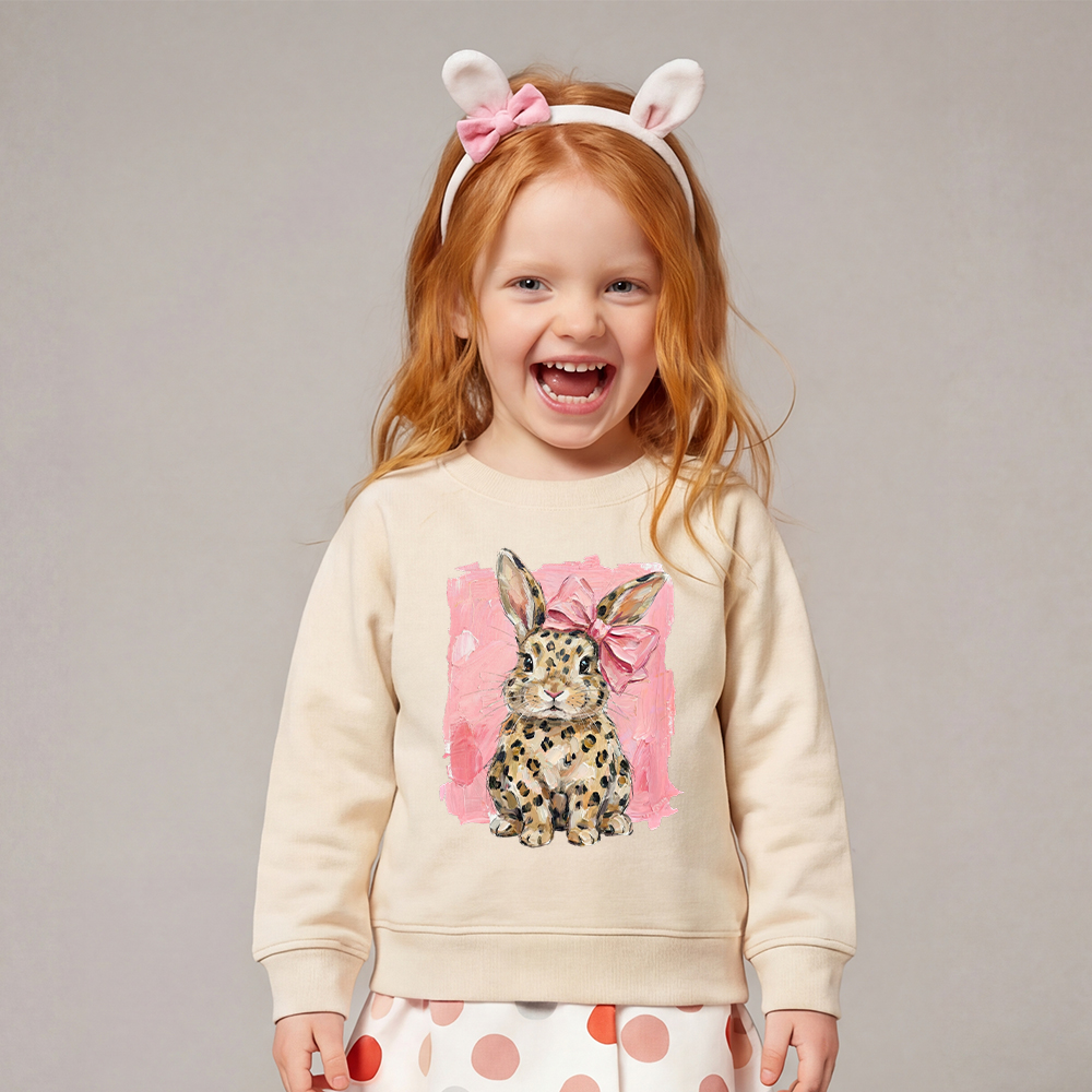 Oil Paint Leopard & Pink Bow Coquette Bunny Kid's Sweatshirt