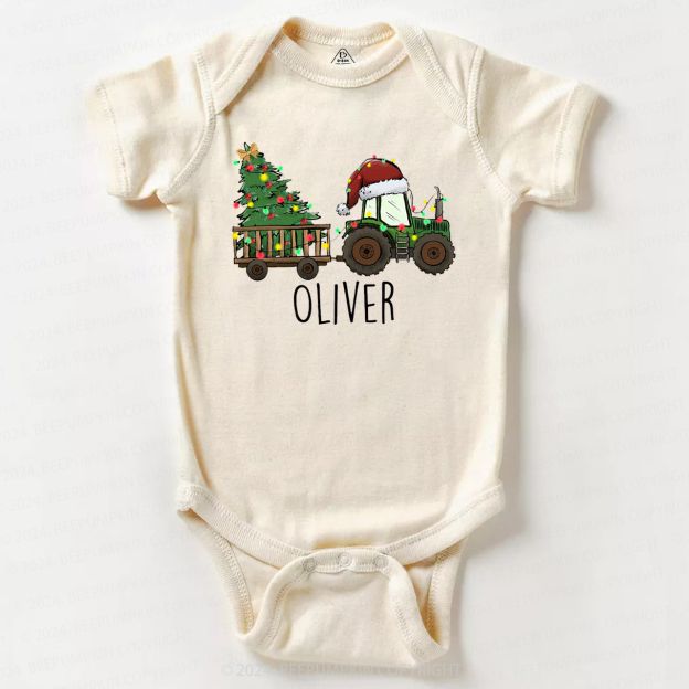 Personalized Christmas Tractor And Tree Baby Bodysuit