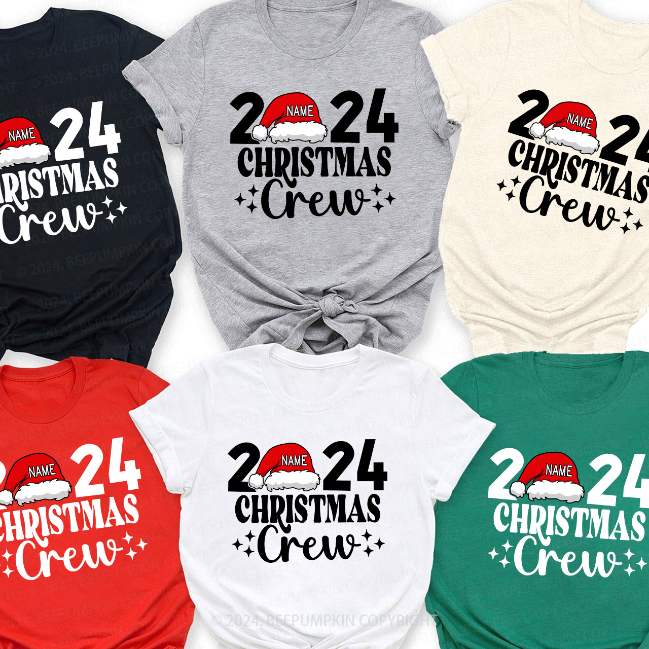 Personalized Christmas Crew 2024 Name On Santa Hat Shirts