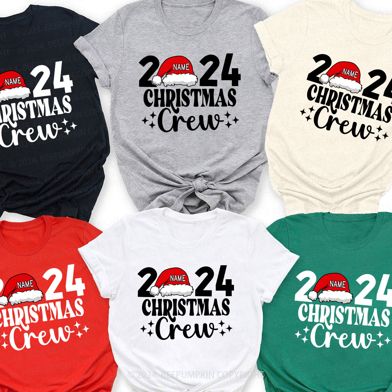 Personalized Christmas Crew 2024 Name On Santa Hat Shirts