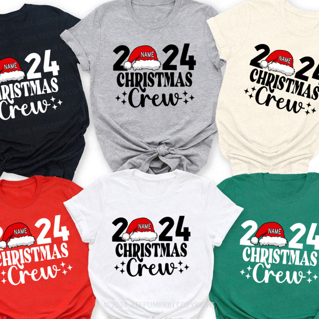 Personalized Christmas Crew 2024 Name On Santa Hat Shirts