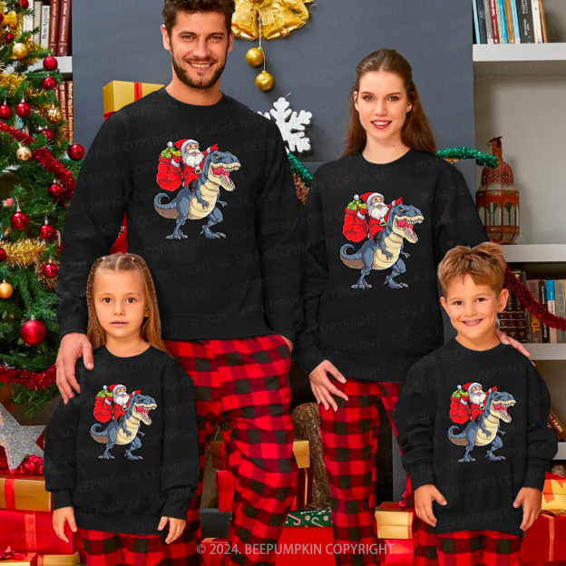 Santa Riding Dinosaur Family Christmas Sweatshirt