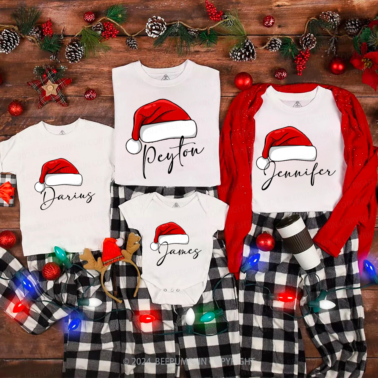 Personalized Name Cute Santa Red Hat Family Matching T-Shirts
