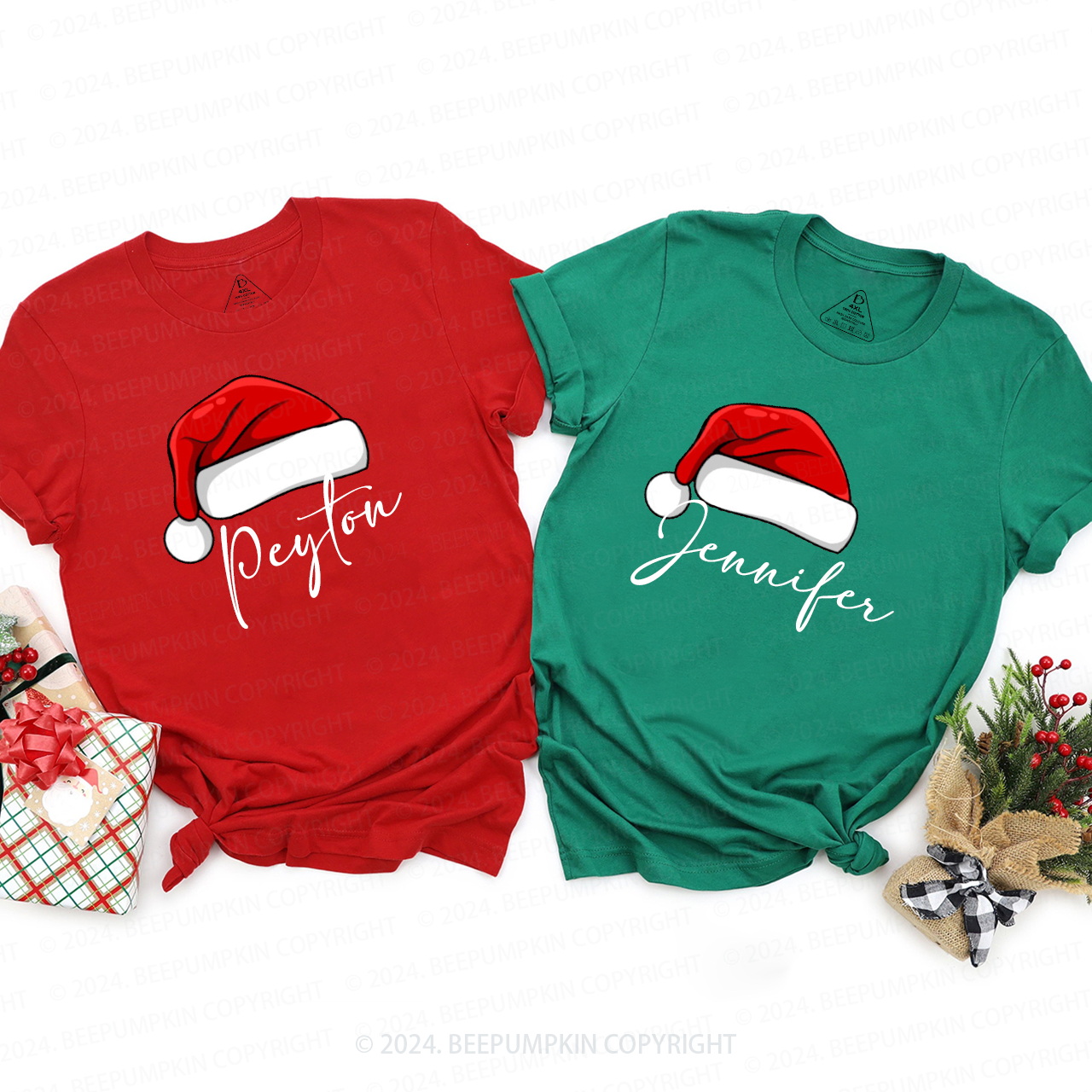 Personalized Name Cute Santa Red Hat Family Matching T-Shirts