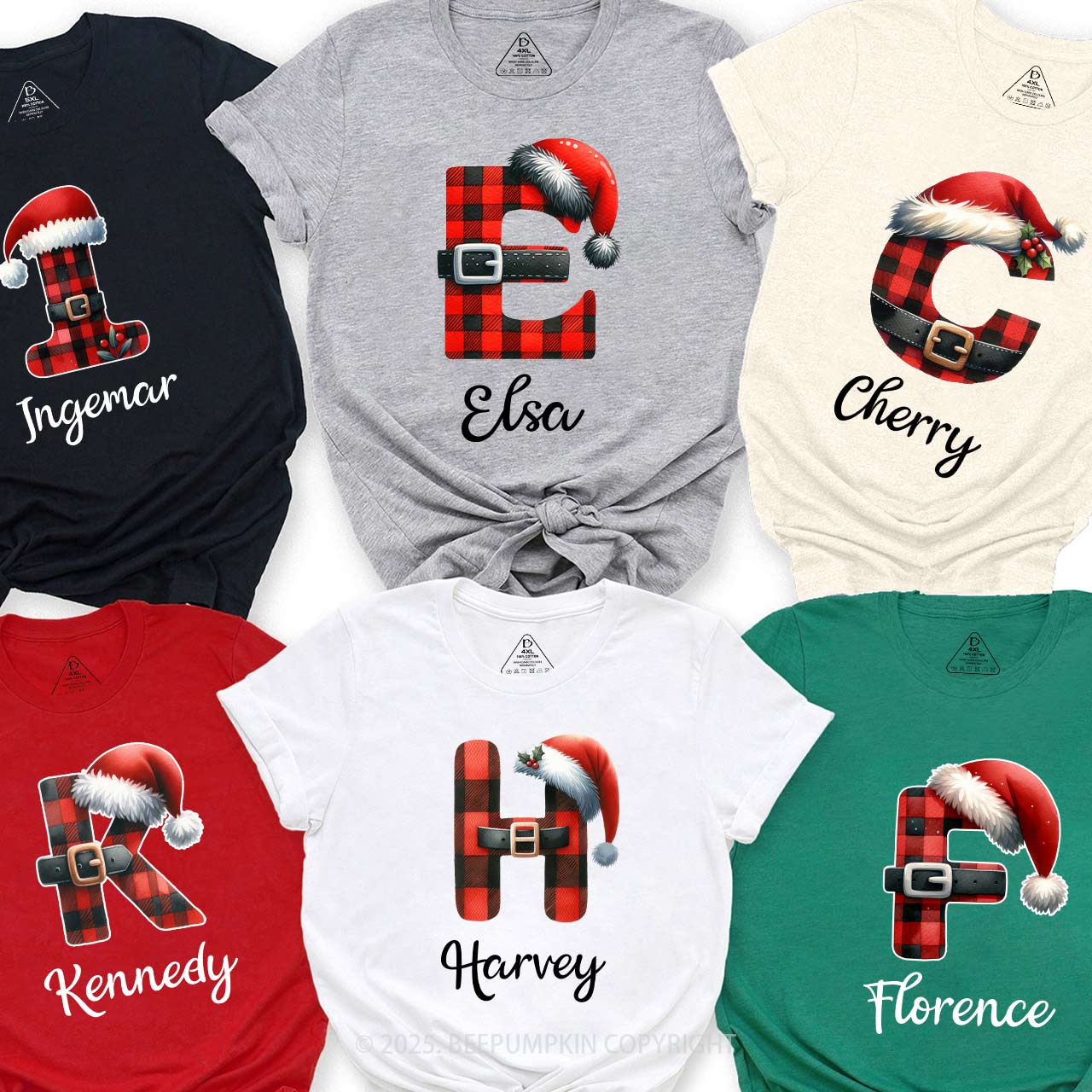 Personalized Reindeer Santa Claus Christmas Plaid Letters T-Shirts Beepumpkin