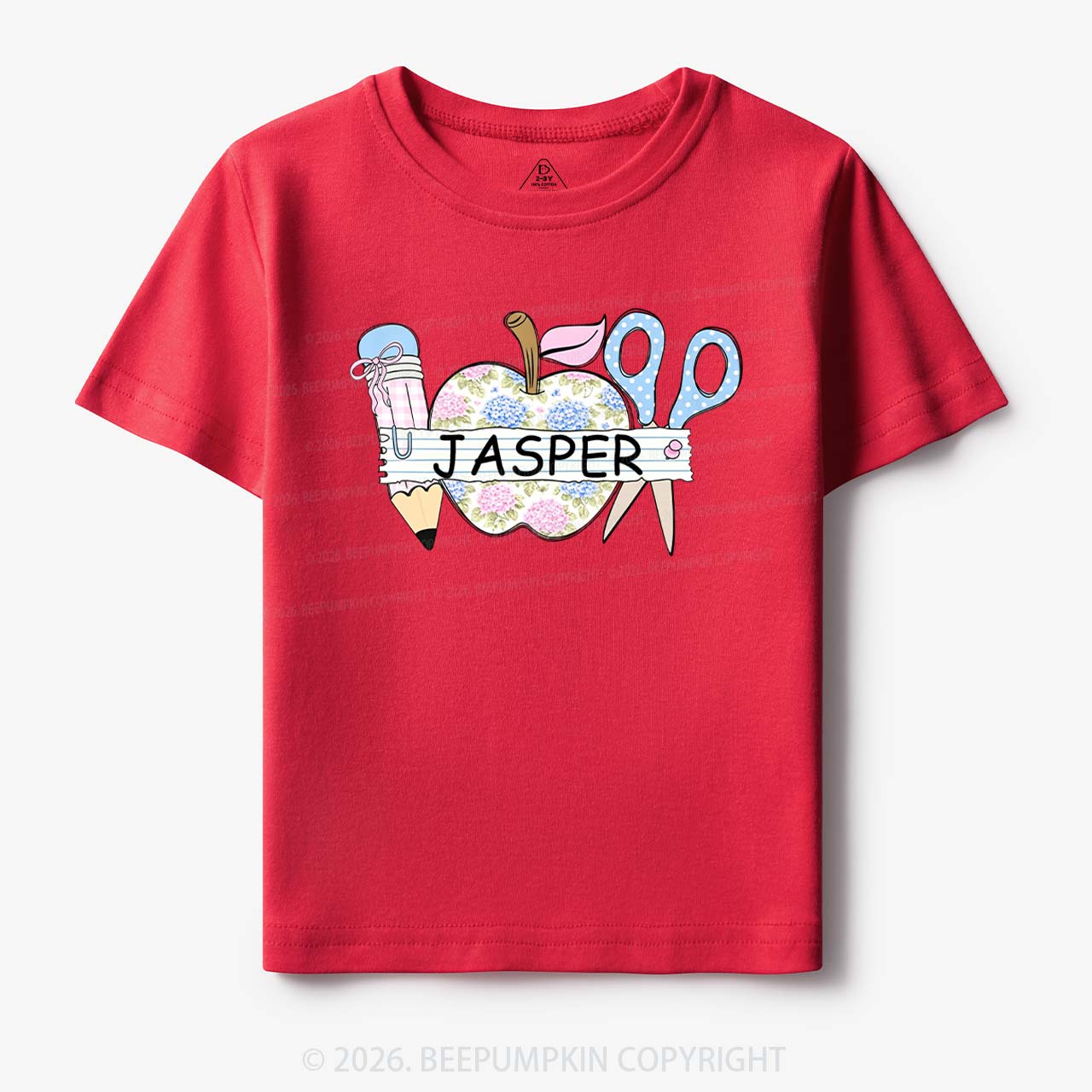 Personalized Name Preppy Floral Pencil Apple Scissors Toddler&Kid's Tees