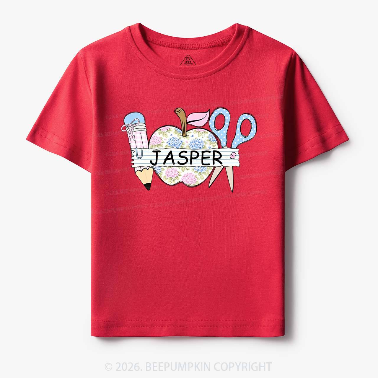 Personalized Name Preppy Floral Pencil Apple Scissors Toddler&Kid's Tees