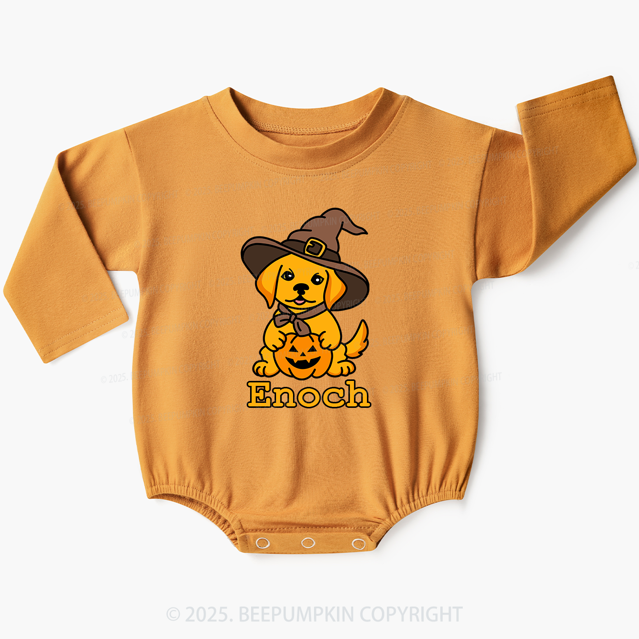 Personalized Dog Wtih Witch Hat Baby Bubble Romper Beepumpkin