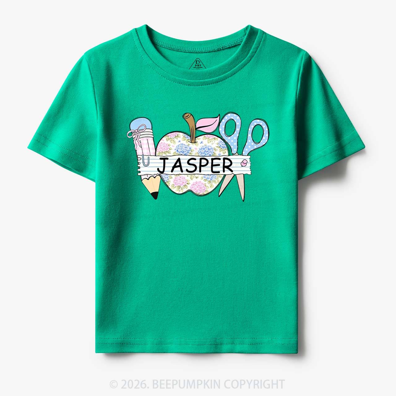 Personalized Name Preppy Floral Pencil Apple Scissors Toddler&Kid's Tees