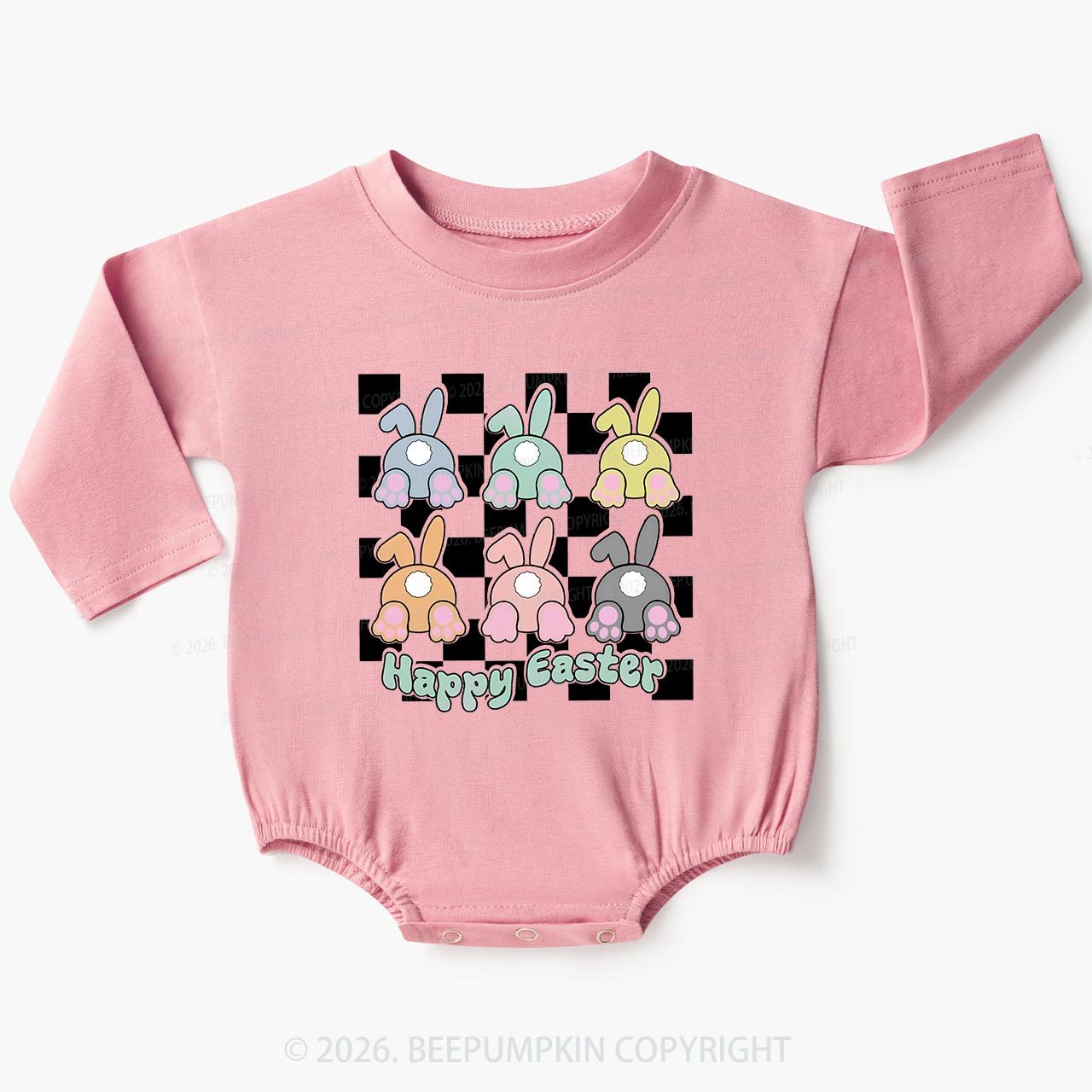 Happy Easter Bunnies Checkered Baby Bubble Romper