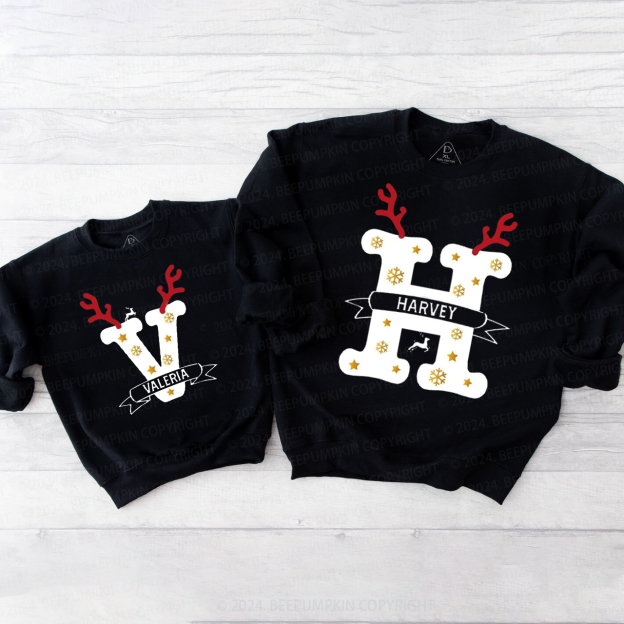 Personalized Antlers And Golden Snowflakes Family Matching Sweatshirt Beepumpkin