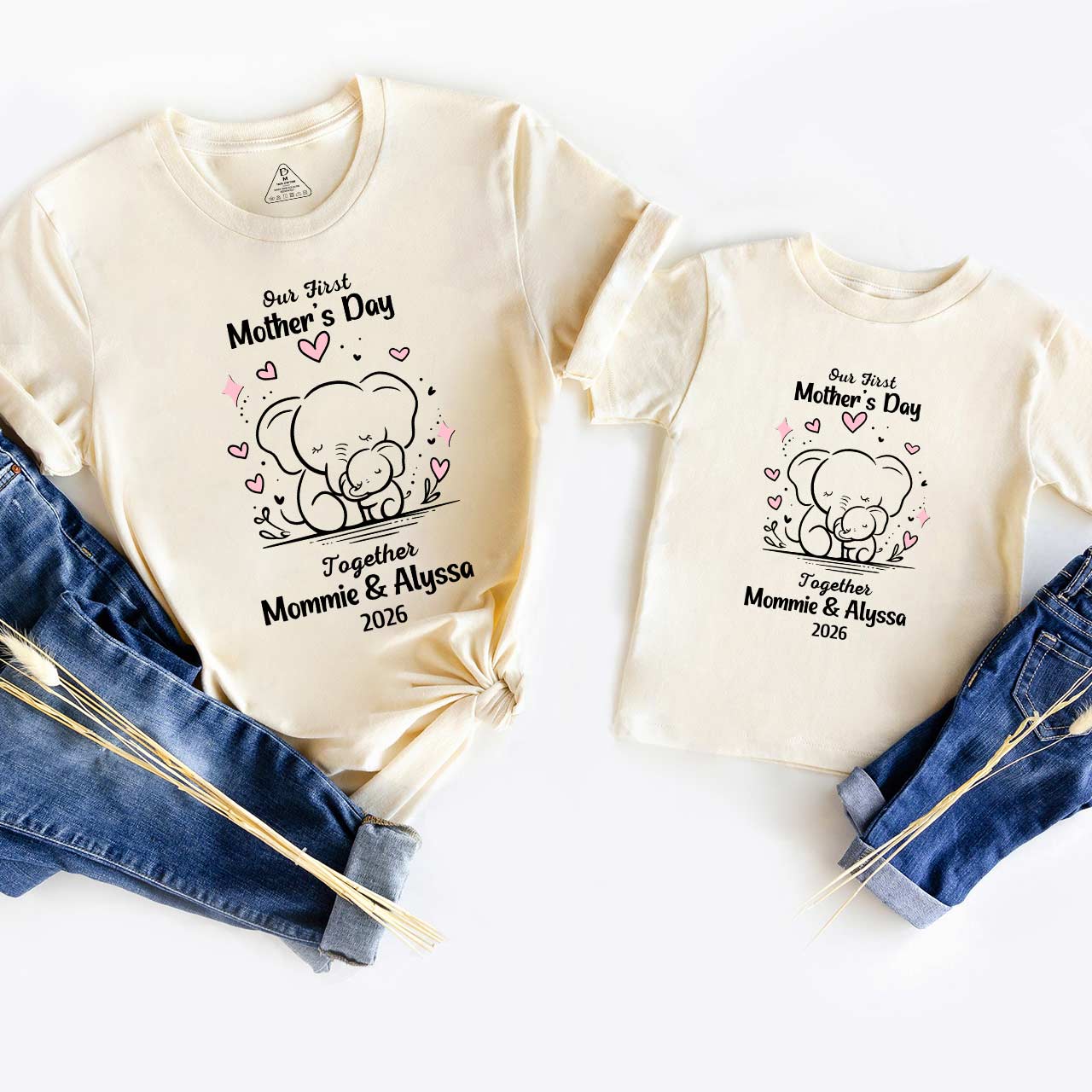 Personalised Line Elephant First Mothers Day Mom&Me Matching Tees