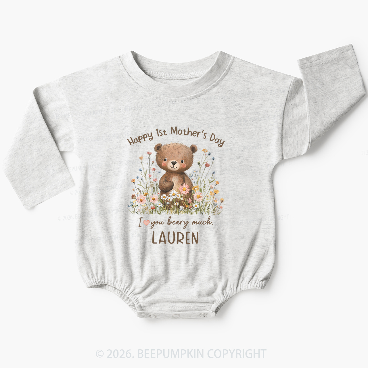 Personalized Happy 1st Mother's Day Floral Bear Baby Bubble Romper