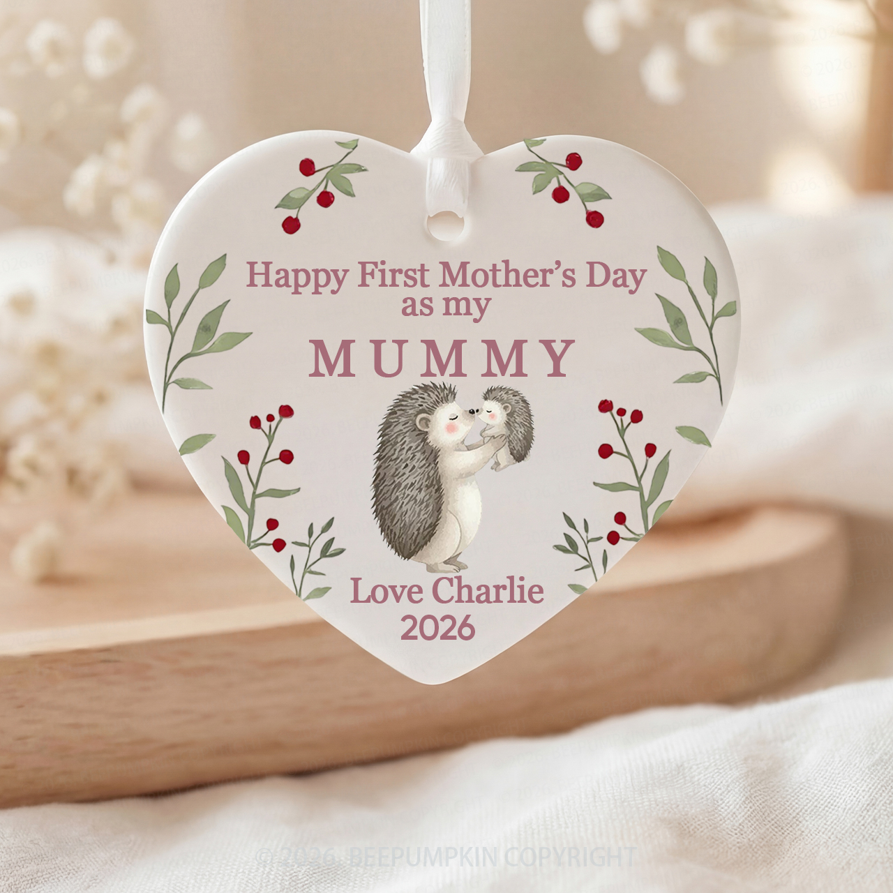 Personalized First Mother's Day Hedgehog Ceramic Heart Ornament