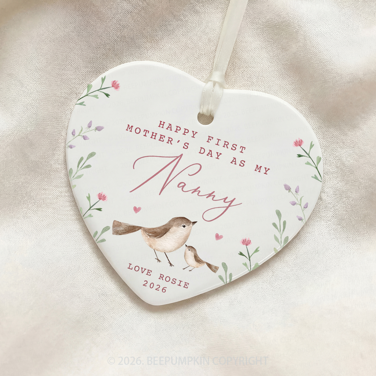 Personalised Lovely Bird First Mother's Day Ceramic Heart Ornament