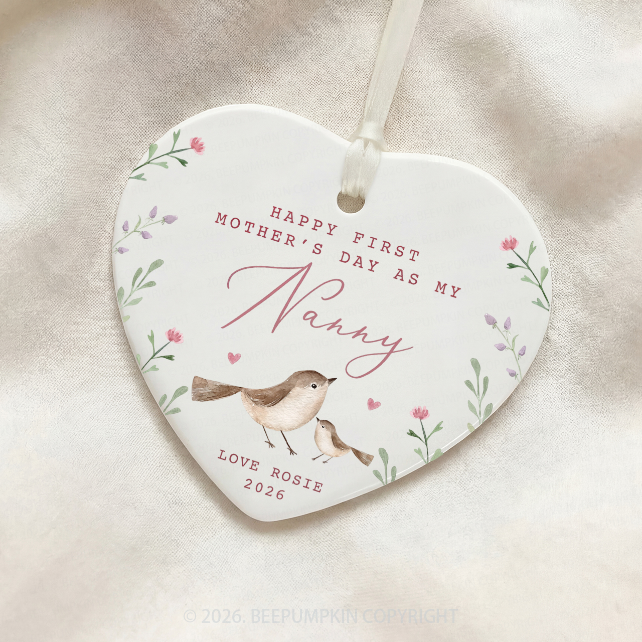 Personalised Lovely Bird First Mother's Day Ceramic Heart Ornament