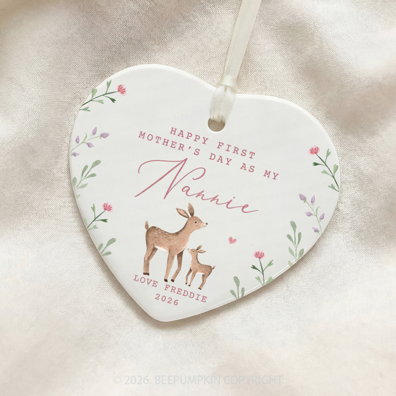 Personalised Lovely Deer First Mother's Day Ceramic Heart Ornament