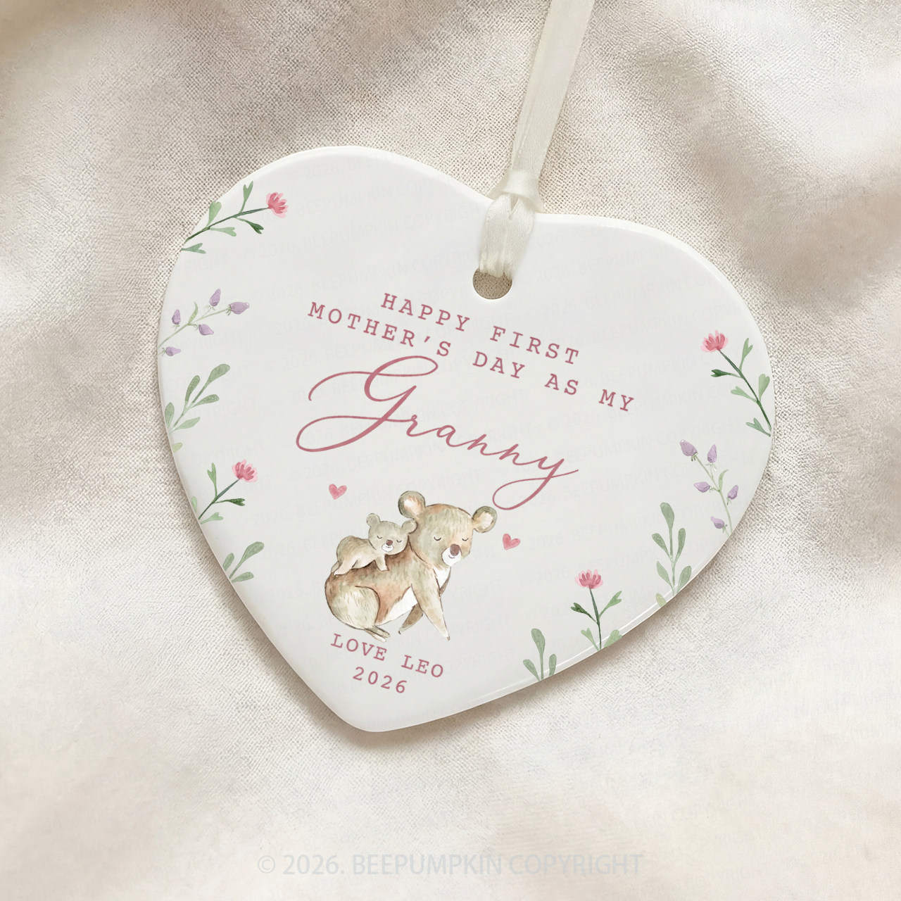 Personalised Lovely Koalas First Mother's Day Ceramic Heart Ornament