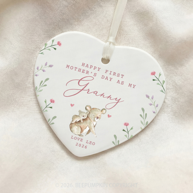 Personalised Lovely Koalas First Mother's Day Ceramic Heart Ornament