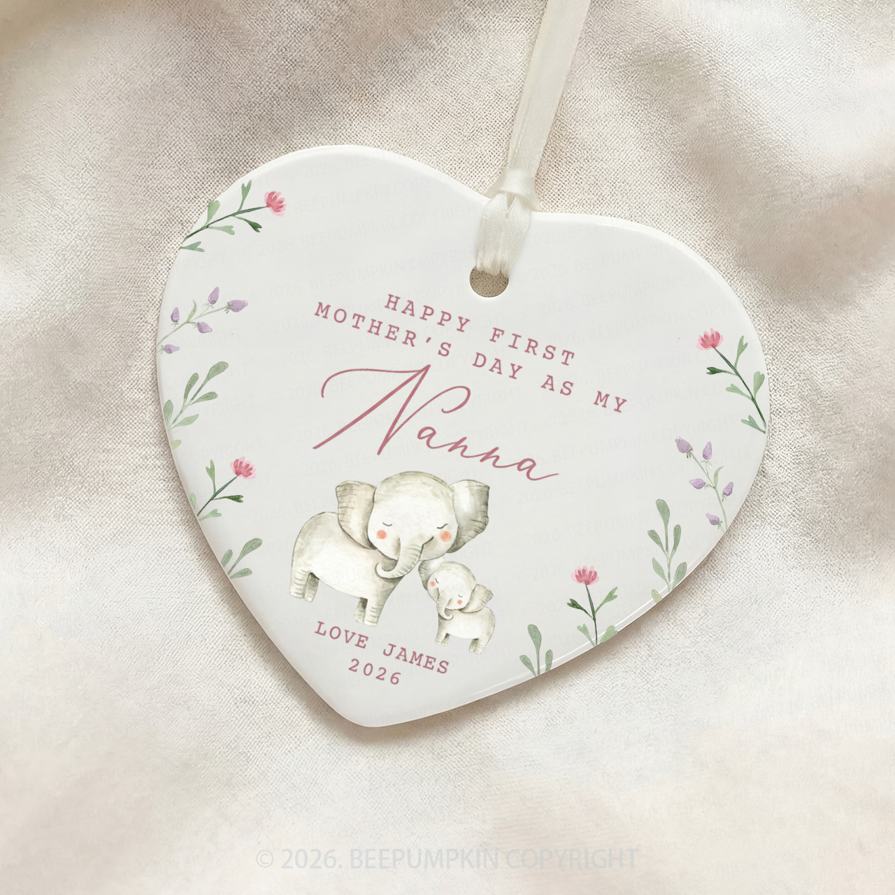 Personalised Lovely Elephants First Mother's Day Ceramic Heart Ornament