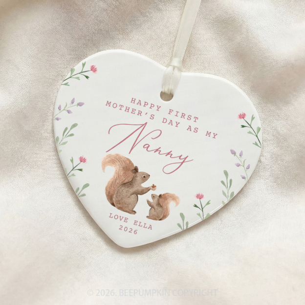 Personalised Lovely Squirrels First Mother's Day Ceramic Heart Ornament