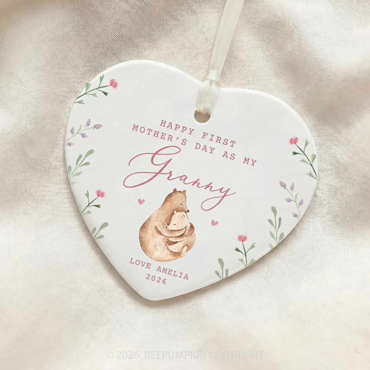 Personalised Lovely Bears First Mother's Day Ceramic Heart Ornament