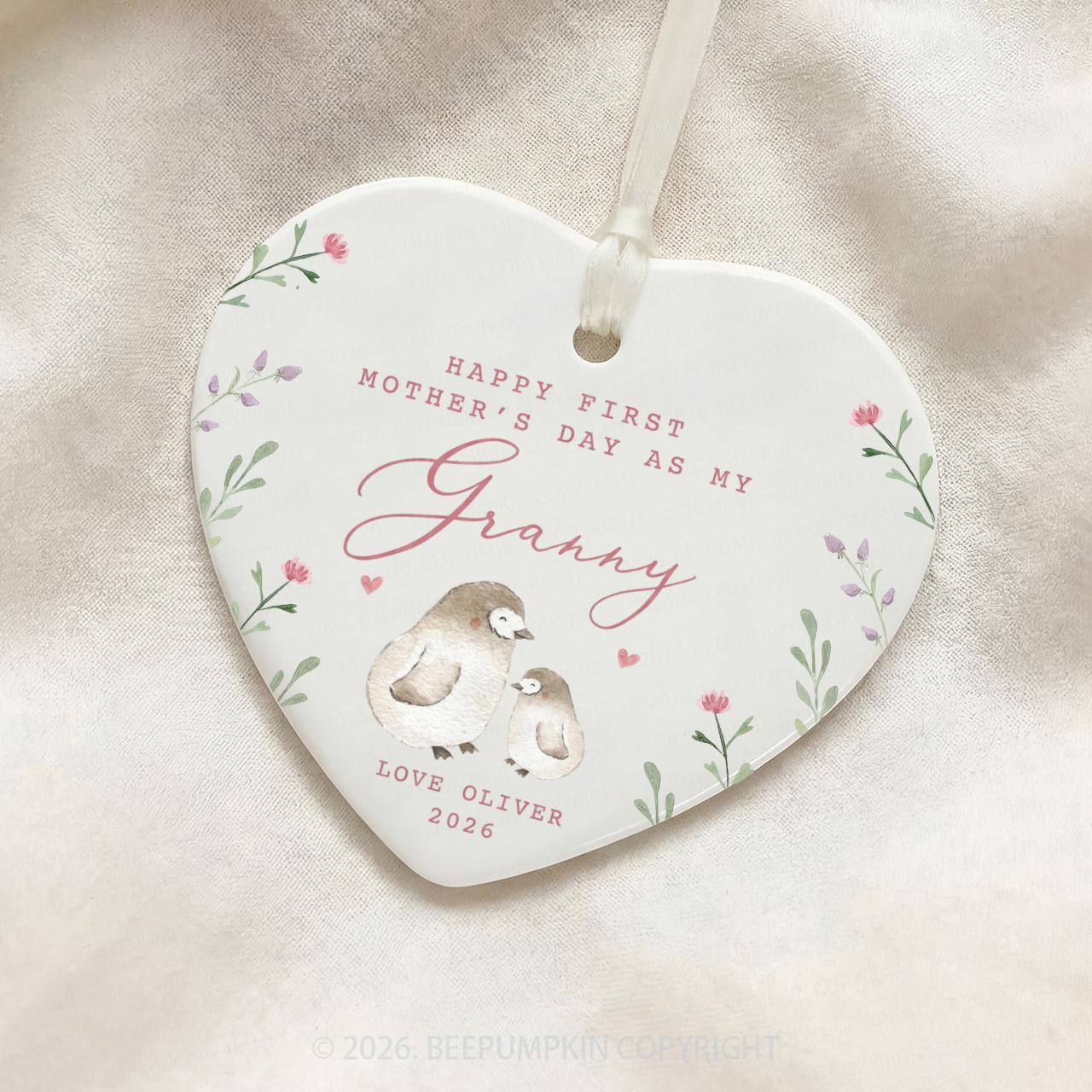 Personalised Lovely Penguins First Mother's Day Ceramic Heart Ornament