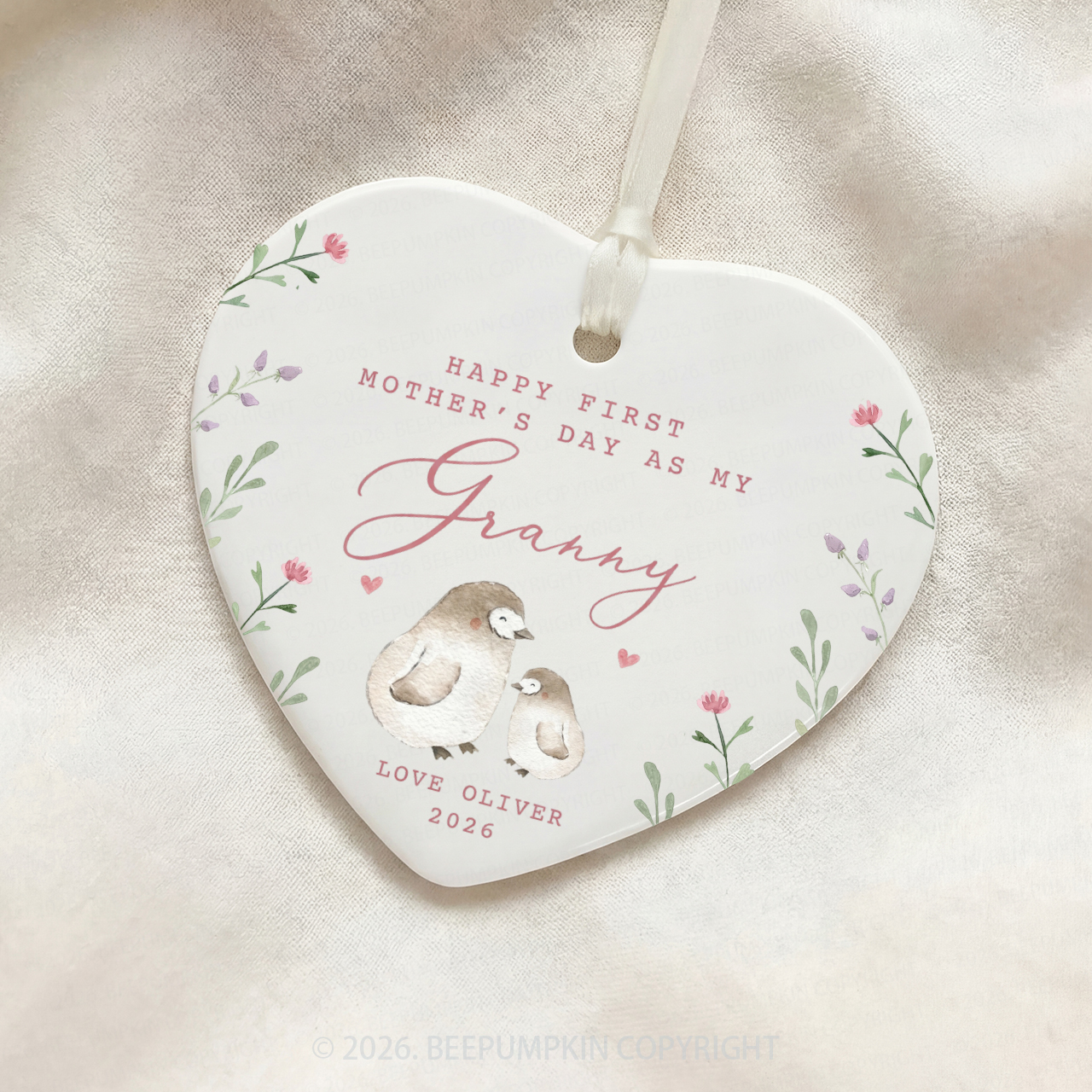 Personalised Lovely Penguins First Mother's Day Ceramic Heart Ornament
