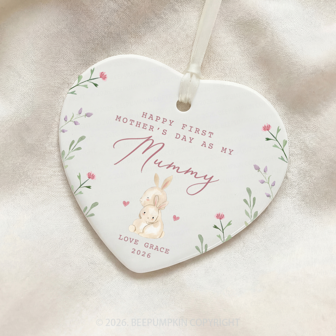Personalised Lovely Rabbits First Mother's Day Ceramic Heart Ornament